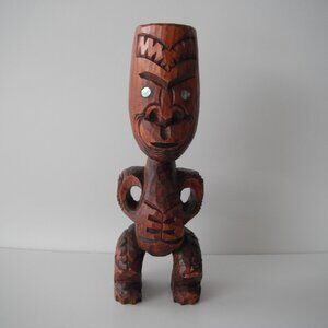 Vintage New Zealand Maori 11" Hand Carved Wood Teko Tiki Totem Statue Shell Eyes